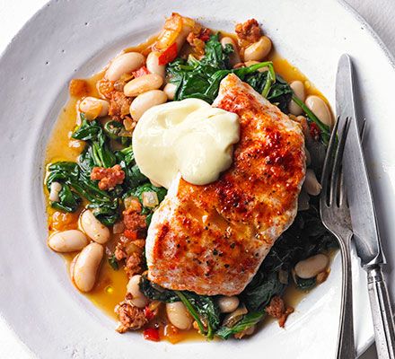 Grill white fish fillets and serve on top of chorizo, cannellini beans and spinach for a quick dinner that packs in 3 of your 5 a day